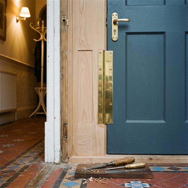 Reinforced timber door frame with heavy brass security strike plate installation