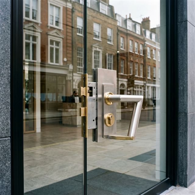 Modern commercial storefront glass door with heavy duty security lock