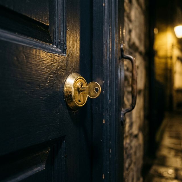 Door lock with key left in the lock from the outside at night