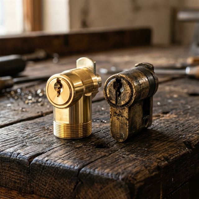 New polished brass cylinder lock beside an old tarnished cylinder