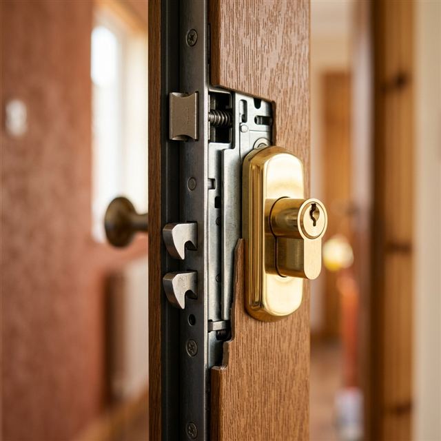 Multipoint locking mechanism and brass euro cylinder on an entrance door edge